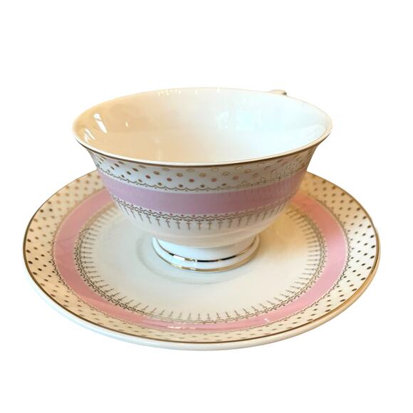 NEW Grace Teaware Porcelain Pink Stripe Gold Dots Teacup & Saucer Set of 2 - Picture 6 of 15